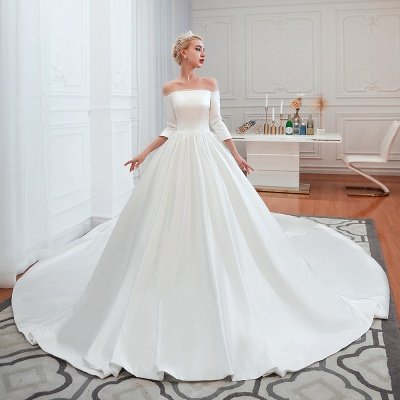 Amazing Off Shoulder Satin Wedding Dress Aline with Sleeves_7