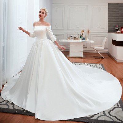 Amazing Off Shoulder Satin Wedding Dress Aline with Sleeves_9