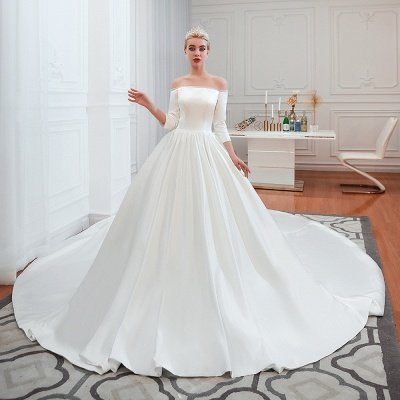 Amazing Off Shoulder Satin Wedding Dress Aline with Sleeves_4