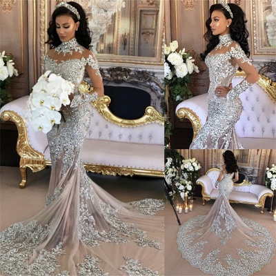 Langarm Silber High Neck Beliebte Abendkleider | Sexy Meerjungfrau Luxus Brautkleider BH-362_3