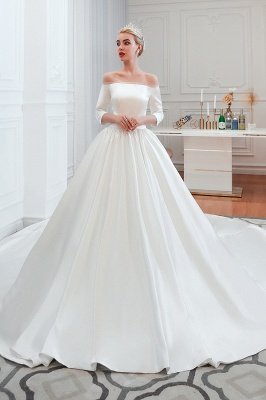 Amazing Off Shoulder Satin Wedding Dress Aline with Sleeves_2