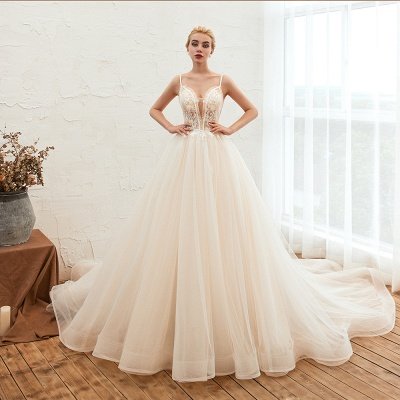 Deep V-Neck Tulle A-line Wedding Dress with Spaghetti Straps_1