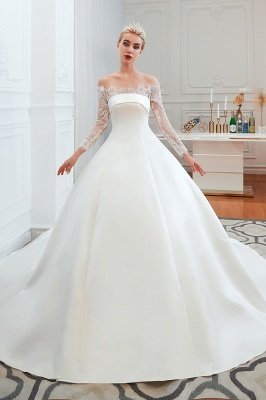 Hermoso vestido de novia sin tirantes de raso Aline con diseño de cordones de manga larga_2