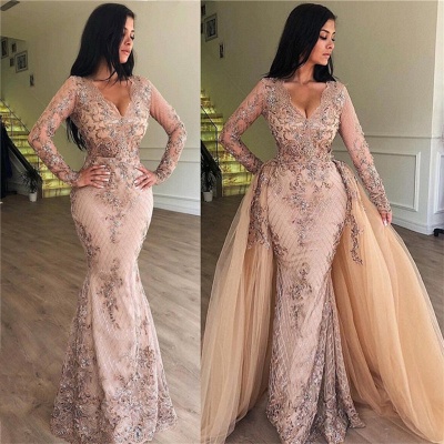 Sexy Mermaid V-neck Long Sleeves Appliqued Prom Dresses with Detachable Skirt_4
