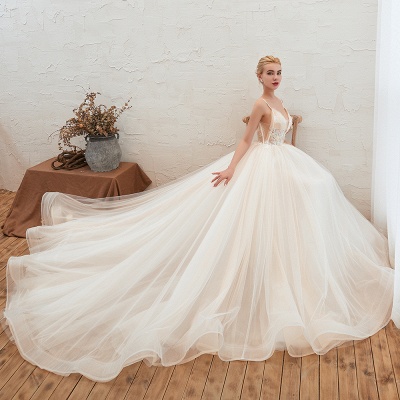 Deep V-Neck Tulle A-line Wedding Dress with Spaghetti Straps_8