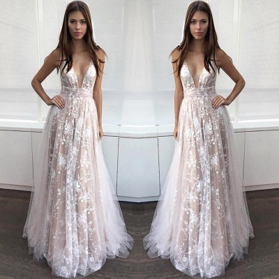 A-line Sexy Lace-Appliques Deep-V-Neck Layers Prom Dresses_3