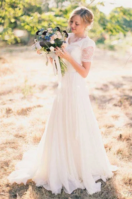 Popular Lace Chiffon Modest V-neck Short Sleeves A-line Wedding Dresses  Online_2