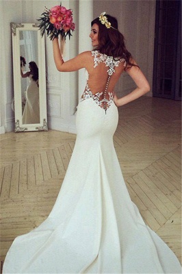 Illusion Sexy Lace Appliques Mermaid Modern Satin Wedding Dresses with Court Train_2