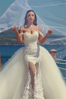 New Wedding Dresses Sweetheart Straps Mermaid Lace Appliques Tulle Court Train Sheer Bridal Gowns_1