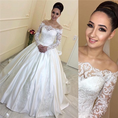 Lace Appliques Off The Shoulder A-line Elegant Long Sleeve  Online Sweep Train Wedding Dresses_3
