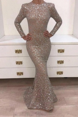 Luxury Mermaid Lace Evening Dresses Jewel Long Sleeves Sequins Prom Dresses_2