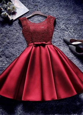 Bowknot Sash Lace-Up-Back Red Custom Made A-line Sexy Short Homecoming Dresses_2