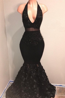 Black V-Neck Prom Dresses  | Mermaid Evening Gown With Flowers Bottom BA9153_2