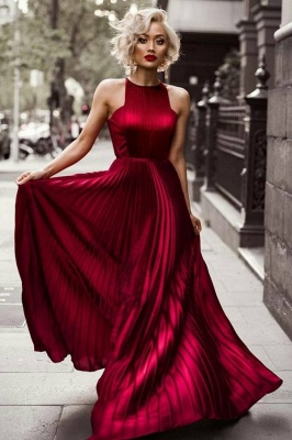 Sheath Jewel Sleeveless Pleats Dresses Length Burgundy Floor Evening Dresses_2