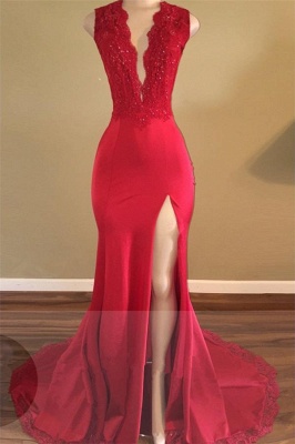 Beads Sleeveless V-neck Open Back Evening Gowns | Red Front Split Prom Dresses  sp0294_2