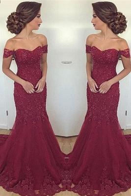 Lace Glamorous Burgundy Mermaid Appliques Long Off-the-Shoulder Evening Dress_2