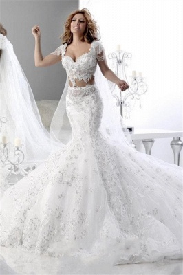 Sexy Sweetheart Mermaid Wedding Dresses Short Sleeves Applique Sheer Waist Bridal Gowns_1