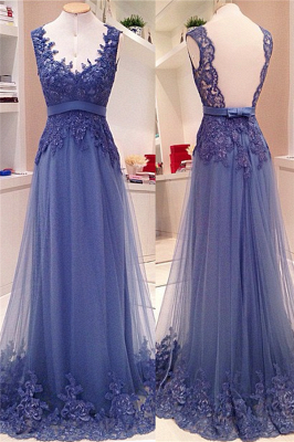 Lace Appliques Open Back Long Prom Dresses  Custom Made A-line V neck Sash Bow Formal Evening Gowns_1