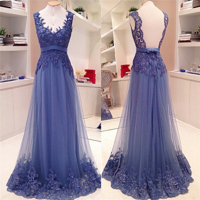 Lace Appliques Open Back Long Prom Dresses  Custom Made A-line V neck Sash Bow Formal Evening Gowns_2