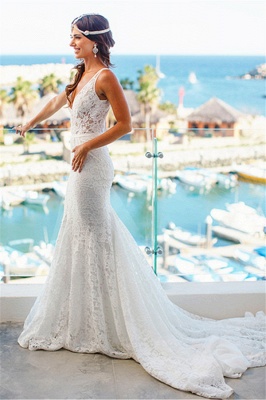 Mermaid Lace Deep V-Neck Sleeveless Sexy Wedding Dresses  Online_3