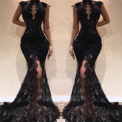 High Neck Lace Black Prom Dresses  | Sleeveless Front Slit Long Evening Dresses Online_3
