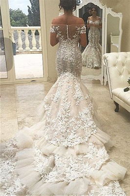 Buttons Tiered Appliques Tulle Off The Shoulder Mermaid Elegant Wedding Dresses_3