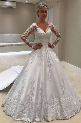 Cheap Long Sleeve Satin V-Neck Appliques A-Line Wedding Dresses Sexy_2