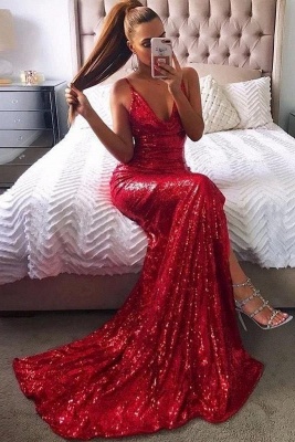 Sexy Red Sequin Prom Dresses | Halter Neck Backless High Slit Party Dresses_2