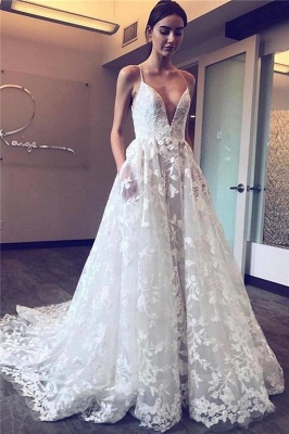 Cheap V-Neck Spaghetti Straps Tulle Appliques Court Train Wedding Dresses_2