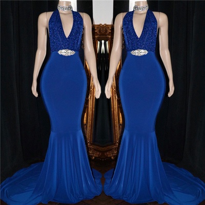 Royal Blue Formal Dresses with Crystals Belt| Halter Mermaid Sequins Long Prom Dresses_3