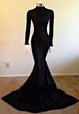High Neck BlackEvening Gowns | Modest Mermaid Long Sleeve Prom Dresses  BA5158_3