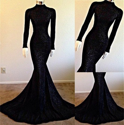 High Neck Long Sleeve Black Long Prom Dresses  | Vintage Lace Mermaid Formal Evening Dress BA5158_3