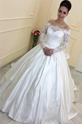 Lace Appliques Off The Shoulder A-line Elegant Long Sleeve  Online Sweep Train Wedding Dresses_2