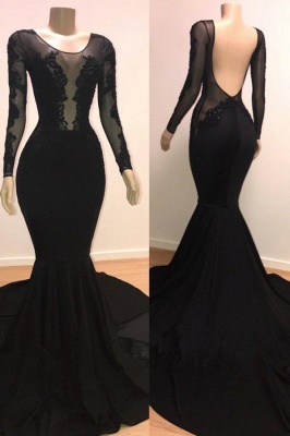 Unique Scoop Long Sleeves Backless Lace Appliques Tulle Sexy Mermaid Prom Dresses_2