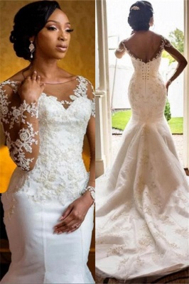 Charming Long Sleeve Lace Appliques  Mermaid Round Neck Wedding Dresses Cheap_2