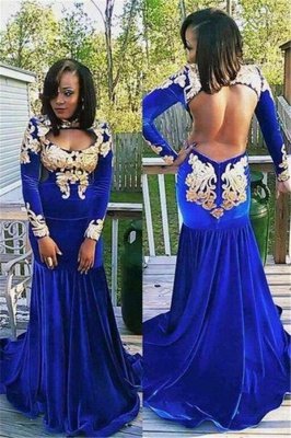 Langarm-Reißverschluss Wunderschöne Applikationen Meerjungfrau Royal-Blaues Abendkleid | Abendkleid in Übergröße_2