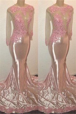 New Arrival Pink Mermaid Long Sleeve Sheer Tulle Appliques Prom Dresses_1