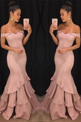 Pink Off The Shoulder Mermaid Prom Dresses Tiered Simple Formal Gowns SK0118-GA0_2