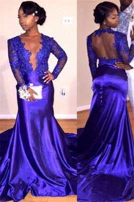 Popular Long-sleeve Appliques Sexy Sheer-Back V-neck Prom Dresses_2