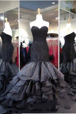 Lace-up Modern Black Ruffles Sweetheart Sweep-Train Sleeveless Evening Gown Prom Dress_2