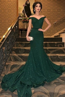 Dark Green Off-The-Shoulder Sequins Mermaid Sleeveless Sweep Train Prom Dresses_2