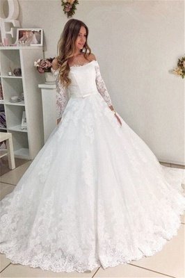 Popular New Arrival Lace Off Shoulder Long Sleeve Ball Gown Elegant Wedding Dresses_2