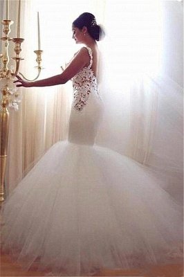 Lace Appliques V-Neck Sexy Mermaid Wedding Dresses  Online Sleeveless Tulle Bridal Gowns_2