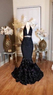 Kleid mit tiefem V-Ausschnitt Mermaid Lace-Appliques Halfter mit Prom Rose Flowers_3