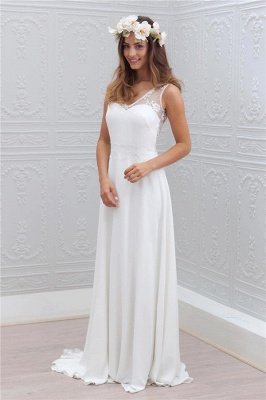 Sleeveless V-Neck Bowknot Chiffon Lace Appliques Simple Summer Beach Wedding Dresses_2