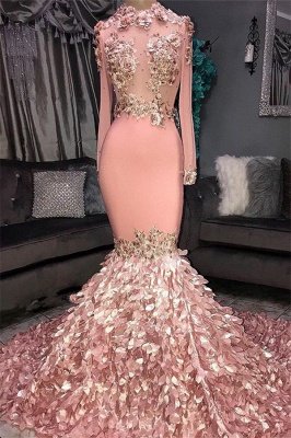 Glamorous Round Neck Flowers Long Sleeve Sequins Mermaid Long Prom Dresses_2