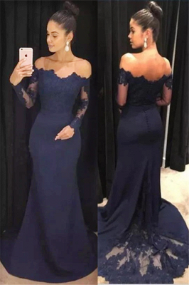 Long Sleeve Navy Blue Formal Dresses |  Lace Long Prom Dresses_2