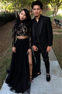 Two Piece Long Sleeve Formal Gowns | Black Long Slit Lace Prom Dress SP0349_2