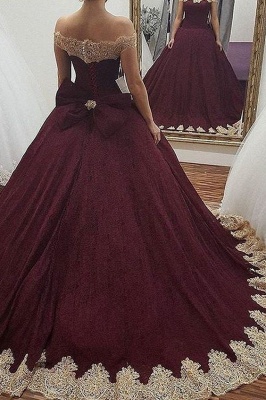 Glamorous Off the Shoulder Bowknot Burgundy Gold Ball Gown Fromal Prom Dresses_2