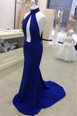 High Neck Open Back Long Prom Dresses  Deep Neck Royal Blue Court Train Evening Gowns_1